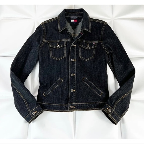 Tommy Jeans Hilfiger Womens Sz M Black Dark Denim Jacket Embroidered Logo Y2K - Picture 1 of 9